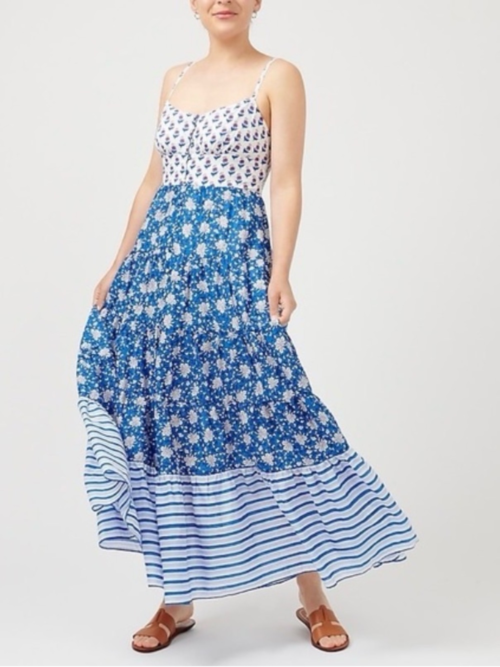 J. Crew Blue and White Mixed-Print Tiered Maxi Dress. Cotton. Size 4